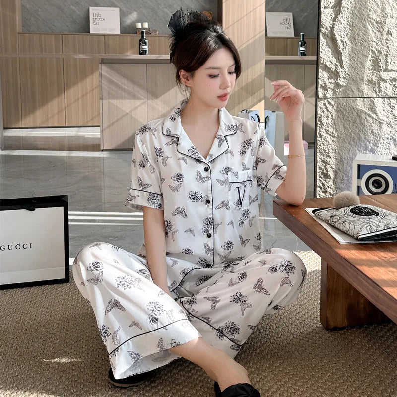 Women's Fashion Pyjama Set Short Sleeve Top with Shorts European American Style Two-Piece Loungewear Comfortable Sleepwear