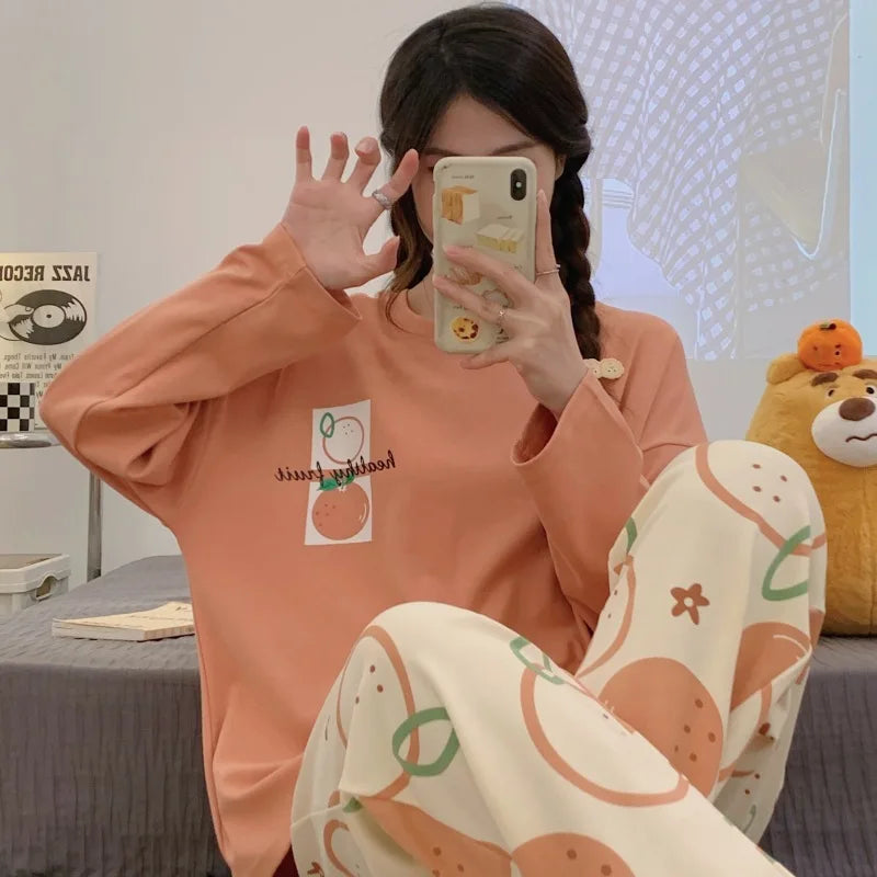 Student Korean Pajama 2Pcs Female Cinnamoroll Spring and Autumn Ins Sweet and Cute Round Neck Long Sleeve Anime Home Clothes Set