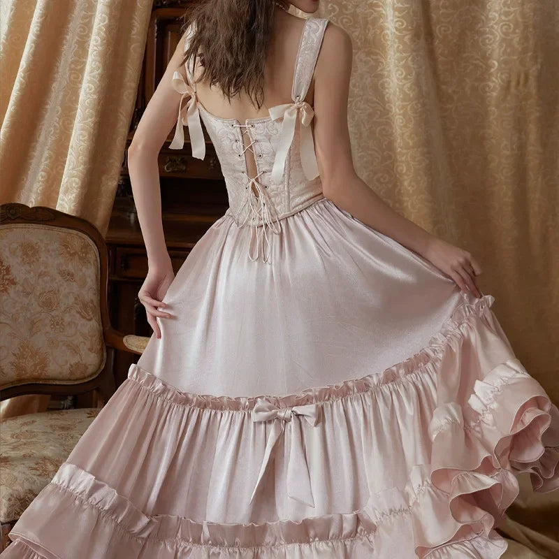 Princess Cynthia French Court Style Jacquard Fishbone Corset Ruffled Satin Skirt Set Sweet Lovely Women's Two-Piece Dress Set