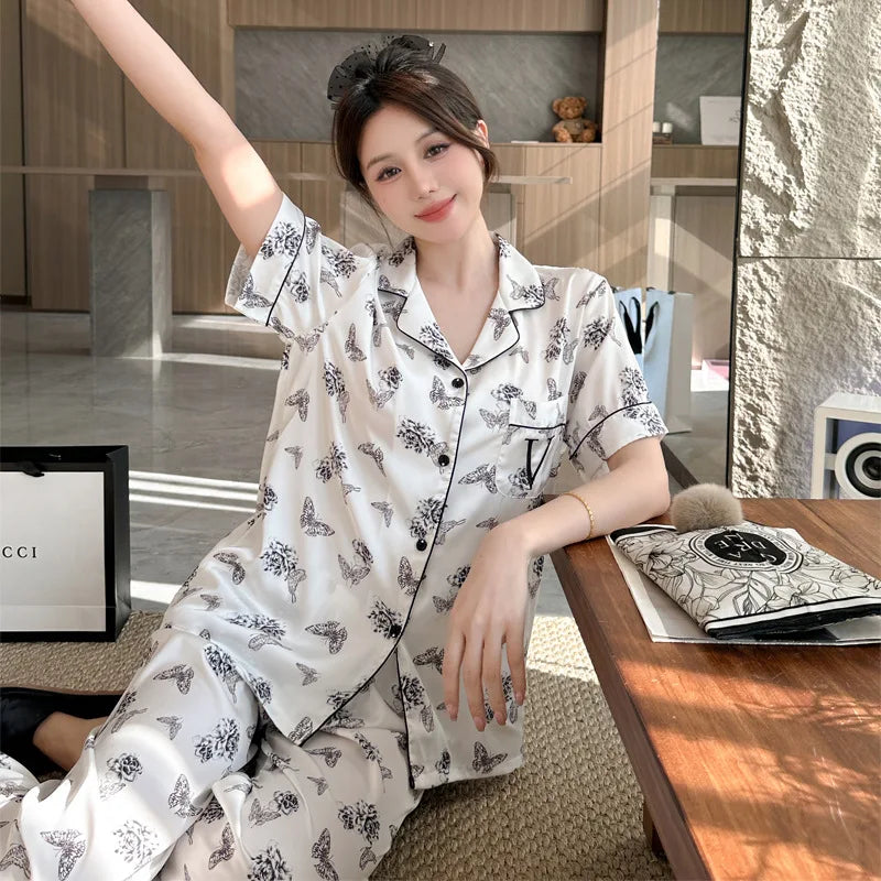 Women's Fashion Pyjama Set Short Sleeve Top with Shorts European American Style Two-Piece Loungewear Comfortable Sleepwear