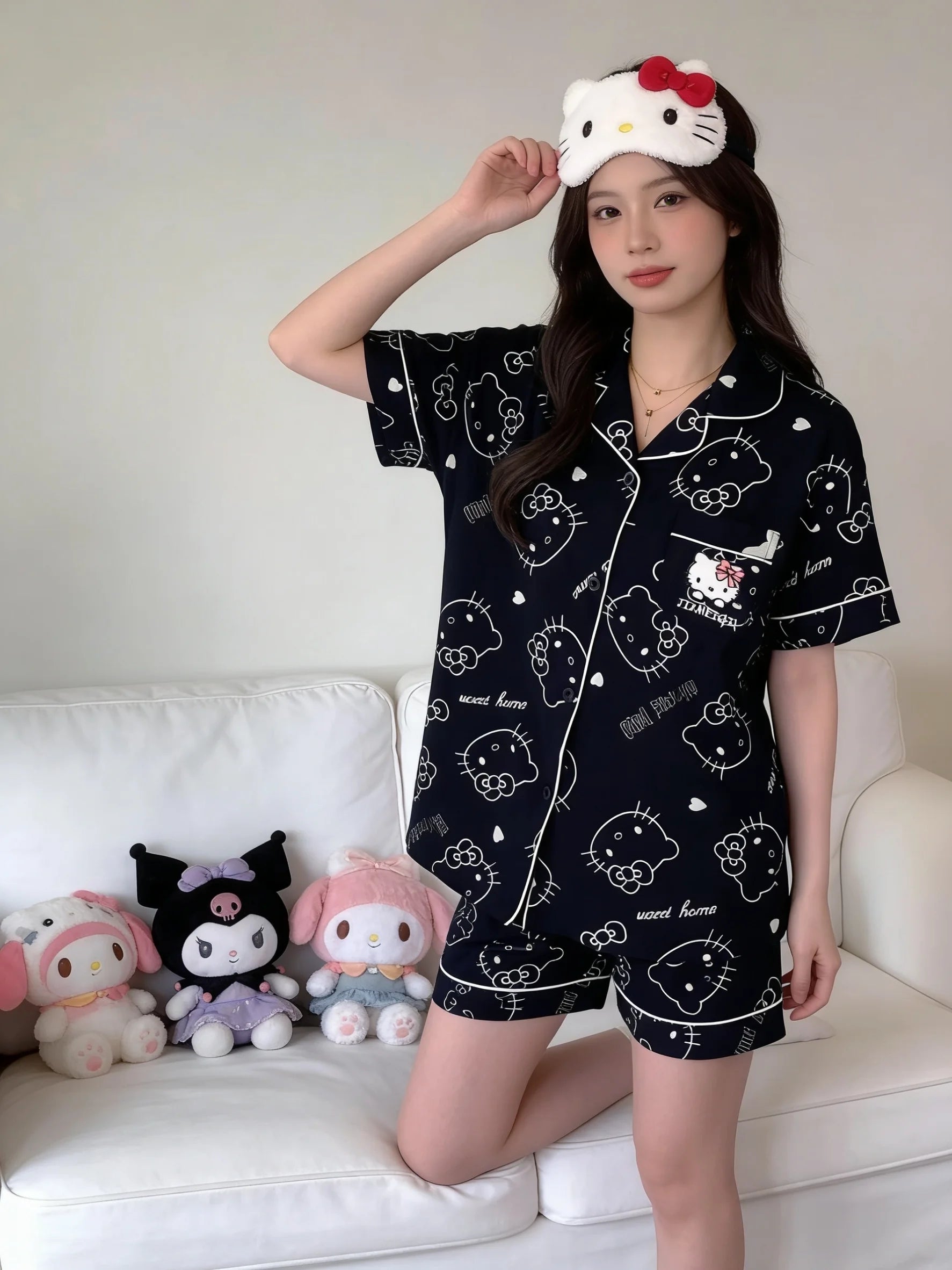 Hello Kitty Spring/Summer New Short-Sleeve Pajama Set, Black Loungewear, Festival Gift, Bestie Outfit, Party Wear
