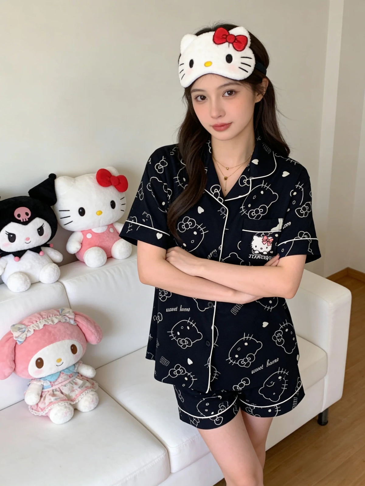 Hello Kitty Spring/Summer New Short-Sleeve Pajama Set, Black Loungewear, Festival Gift, Bestie Outfit, Party Wear